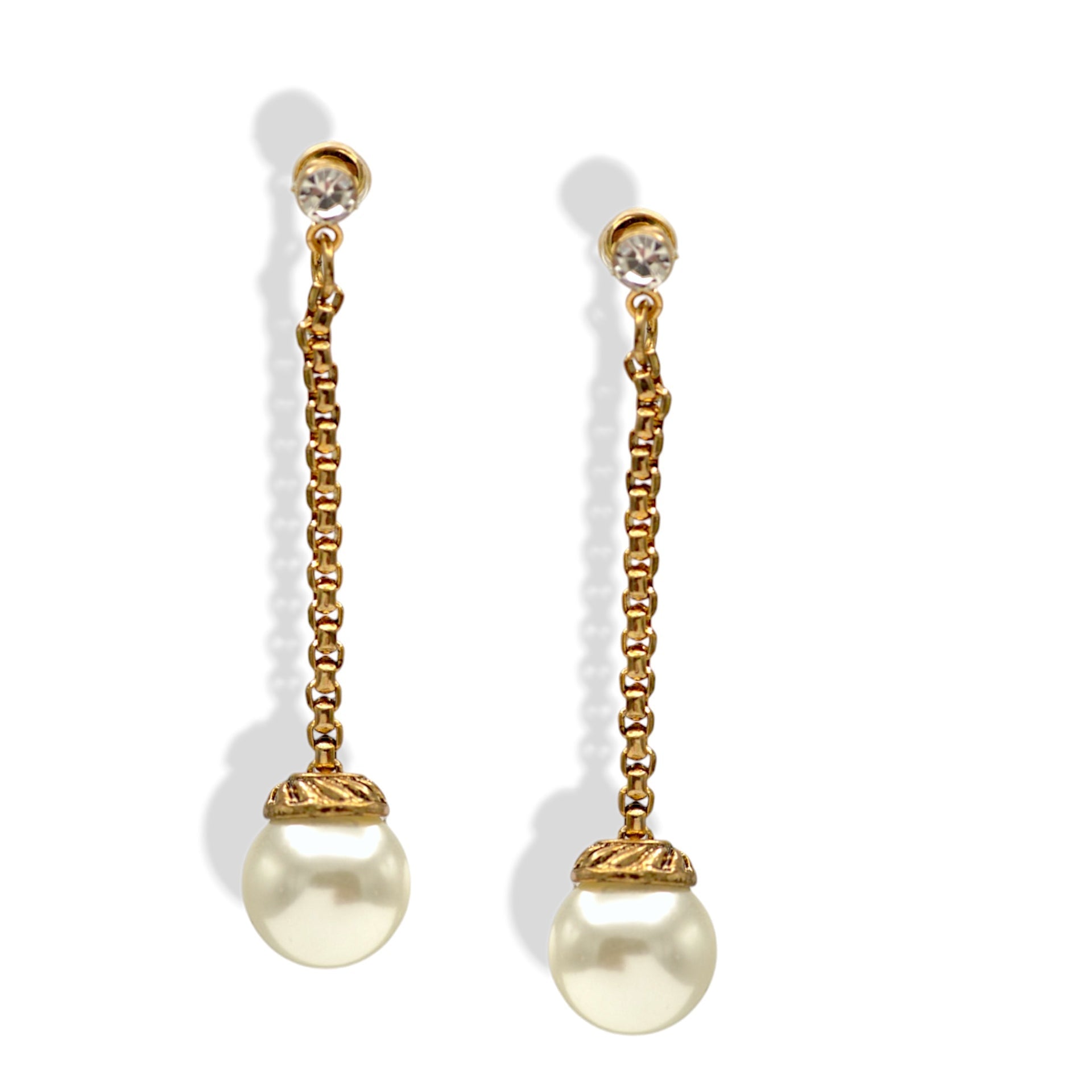 Elegant Gold Chain Drop Earrings with Faux Pearl & Crystal Stud #SWR-CP3661ERGD(NF16,17)