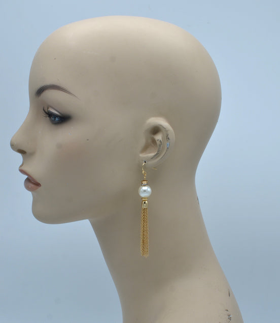 Cream Pearl And Gold Chain Tassel Long Earrings #HNE90901GD(GA18)