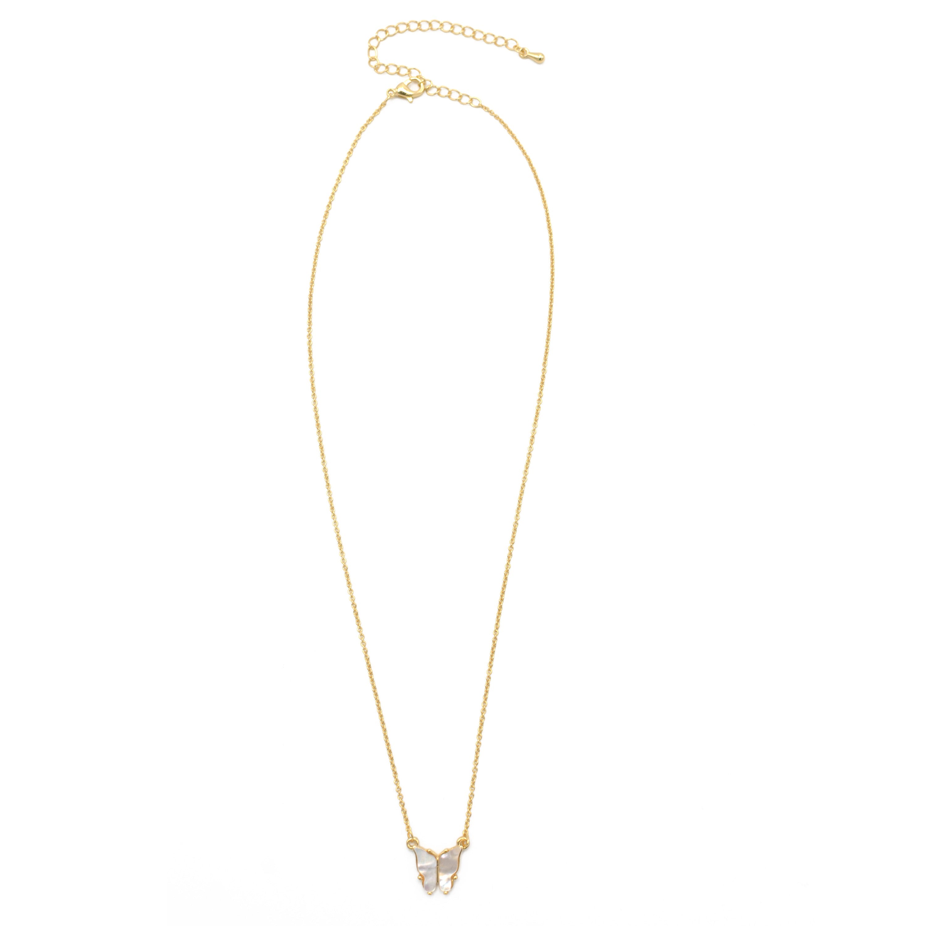 GOLD MOTHER OF PEARL BUTTERFLY PENDANT SHORT NECKLACE # HNN90666GD(LC16)