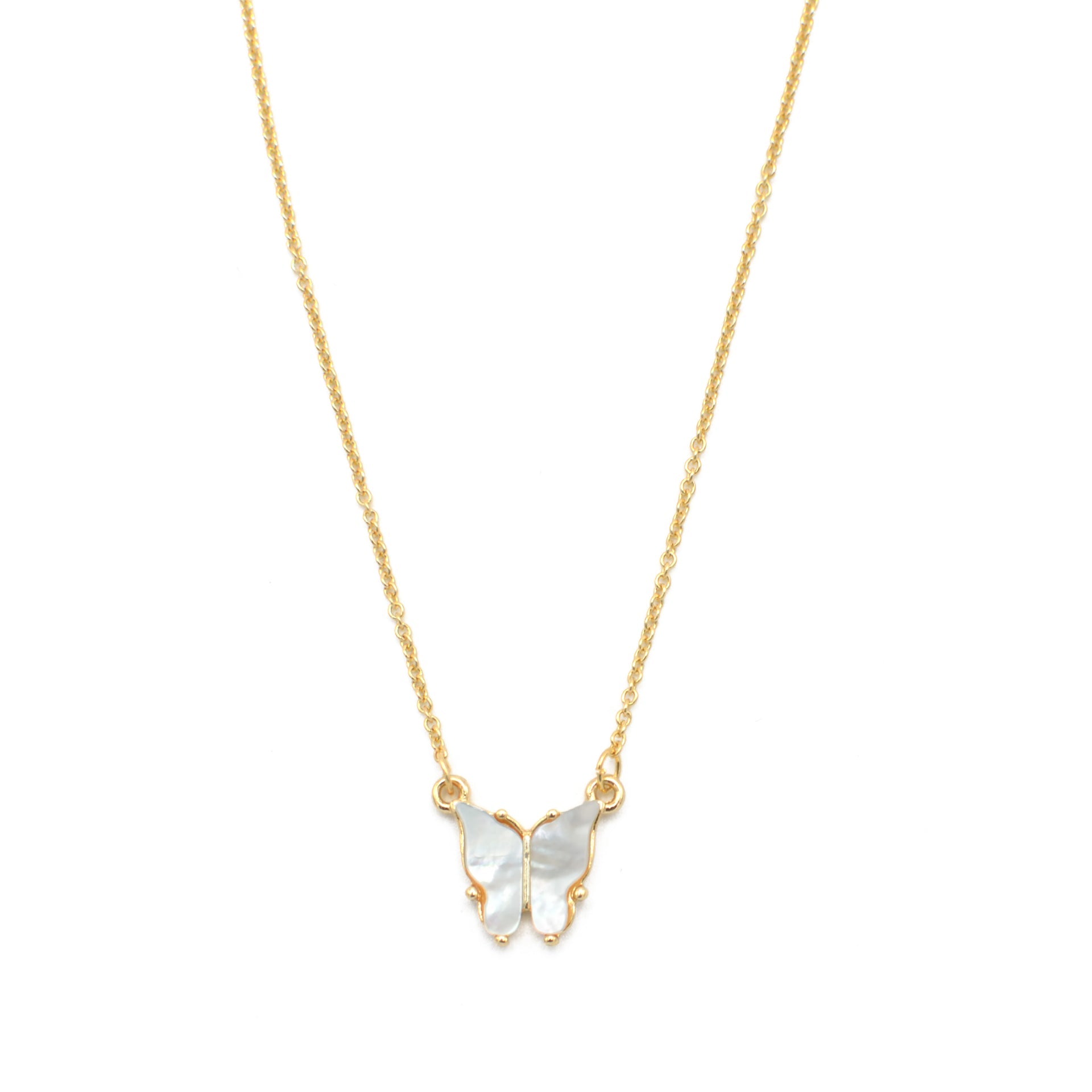GOLD MOTHER OF PEARL BUTTERFLY PENDANT SHORT NECKLACE # HNN90666GD(LC16)