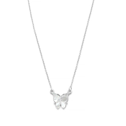 RHODIUM MOTHER OF PEARL BUTTERFLY PENDANT SHORT NECKLACE # HNN90666RD(LC16)