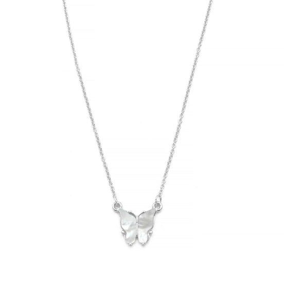 RHODIUM MOTHER OF PEARL BUTTERFLY PENDANT SHORT NECKLACE # HNN90666RD(LC16)