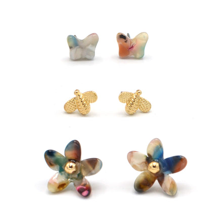 GOLD MULTI COLOR BUTTERFLY AND FLOWER STUD EARRING # HNE90680(LF17)