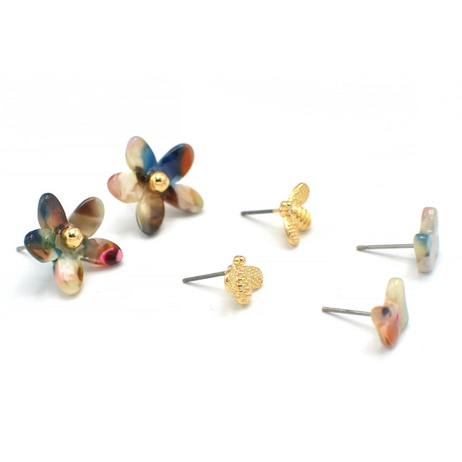 GOLD MULTI COLOR BUTTERFLY AND FLOWER STUD EARRING # HNE90680(LF17)