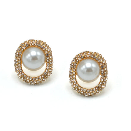 GOLD CRYSTAL AND CREAM PEARL OVAL STUD EARRINGS # HNE90683GD(ME12)