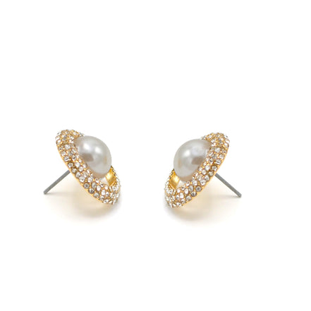 GOLD CRYSTAL AND CREAM PEARL OVAL STUD EARRINGS # HNE90683GD(ME12)