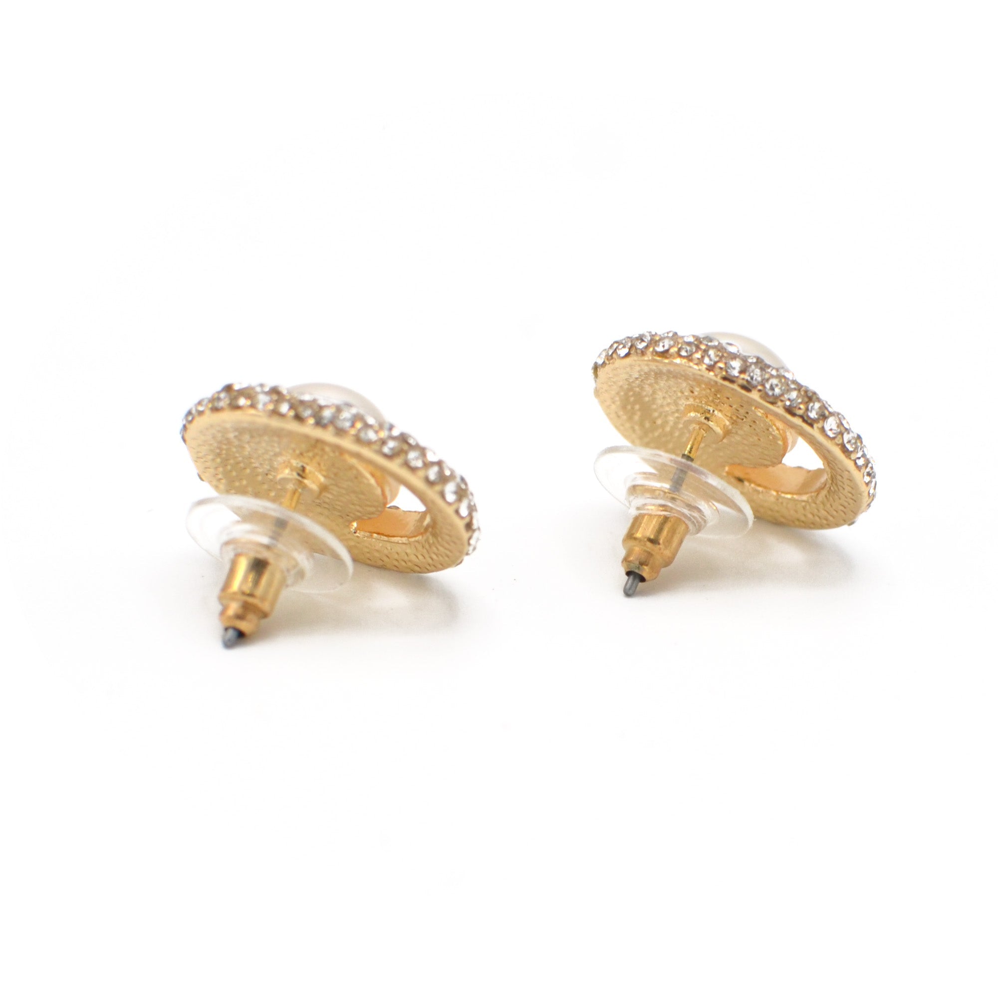 GOLD CRYSTAL AND CREAM PEARL OVAL STUD EARRINGS # HNE90683GD(ME12)