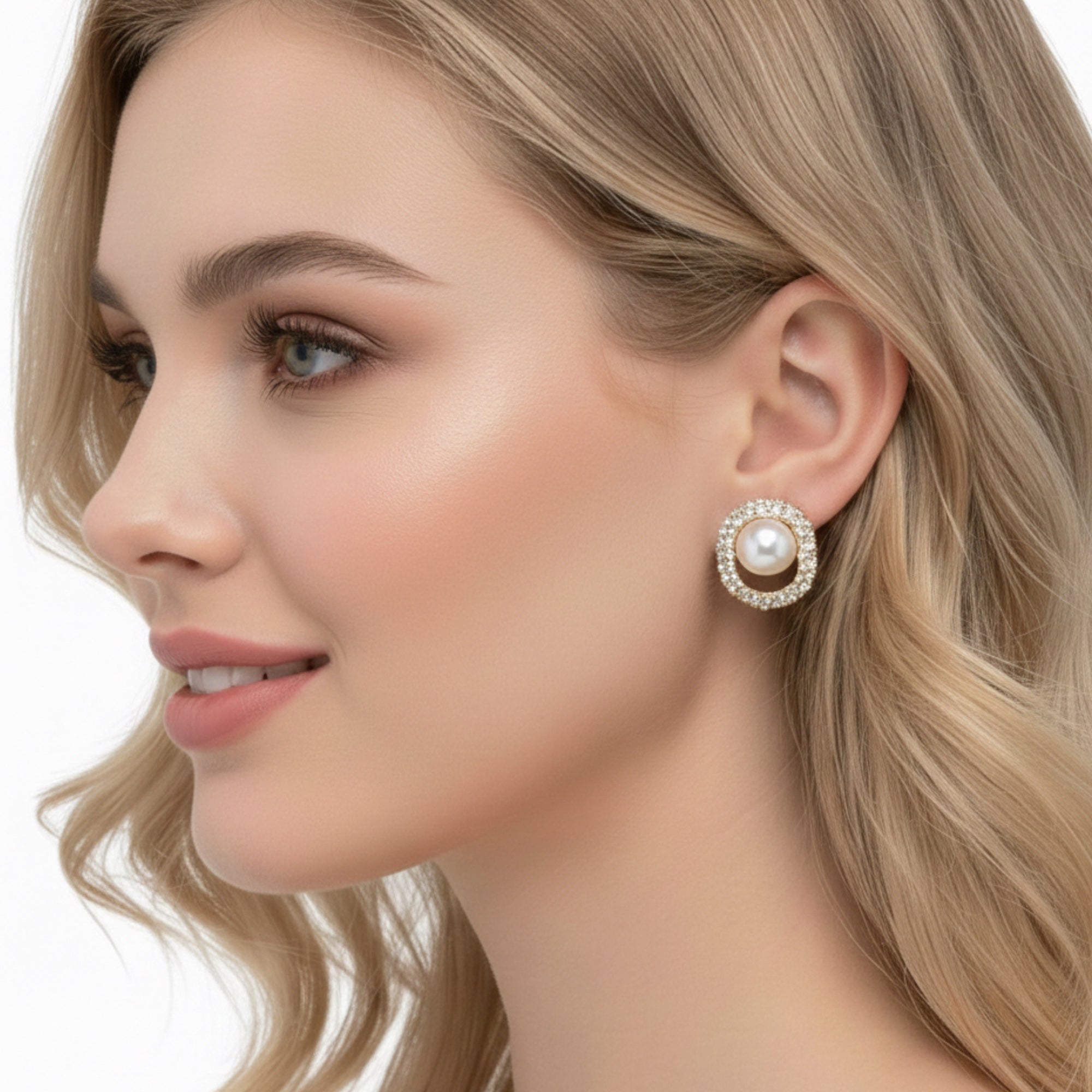 GOLD CRYSTAL AND CREAM PEARL OVAL STUD EARRINGS # HNE90683GD(ME12)