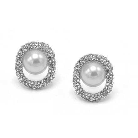 RHODIUM CRYSTAL AND CREAM PEARL OVAL STUD EARRINGS # HNE90683RD(OD8)