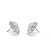 RHODIUM CRYSTAL AND CREAM PEARL OVAL STUD EARRINGS # HNE90683RD(OD8)