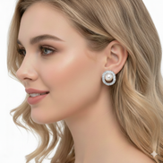 RHODIUM CRYSTAL AND CREAM PEARL OVAL STUD EARRINGS # HNE90683RD(OD8)