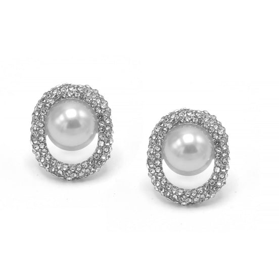 RHODIUM CRYSTAL AND CREAM PEARL OVAL STUD EARRINGS # HNE90683RD(OD8)