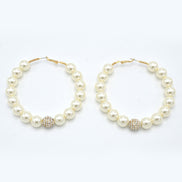 GOLD CREAM PEARL AND CRYSTAL PAVE BALL HOOP EARRINGS# HNE90689GD(IF23)