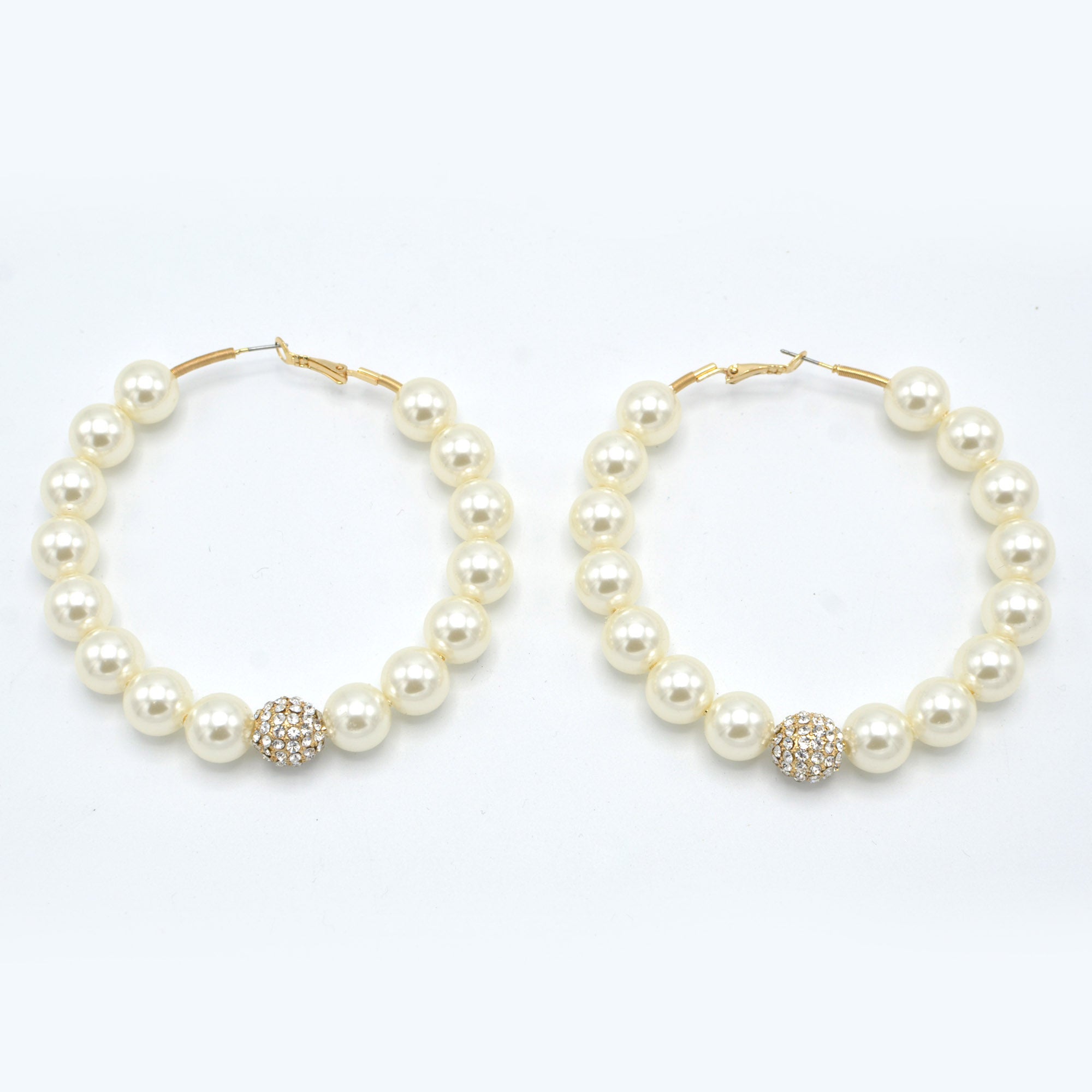 GOLD CREAM PEARL AND CRYSTAL PAVE BALL HOOP EARRINGS# HNE90689GD(IF23)