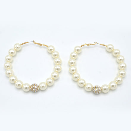 GOLD CREAM PEARL AND CRYSTAL PAVE BALL HOOP EARRINGS# HNE90689GD(IF23)