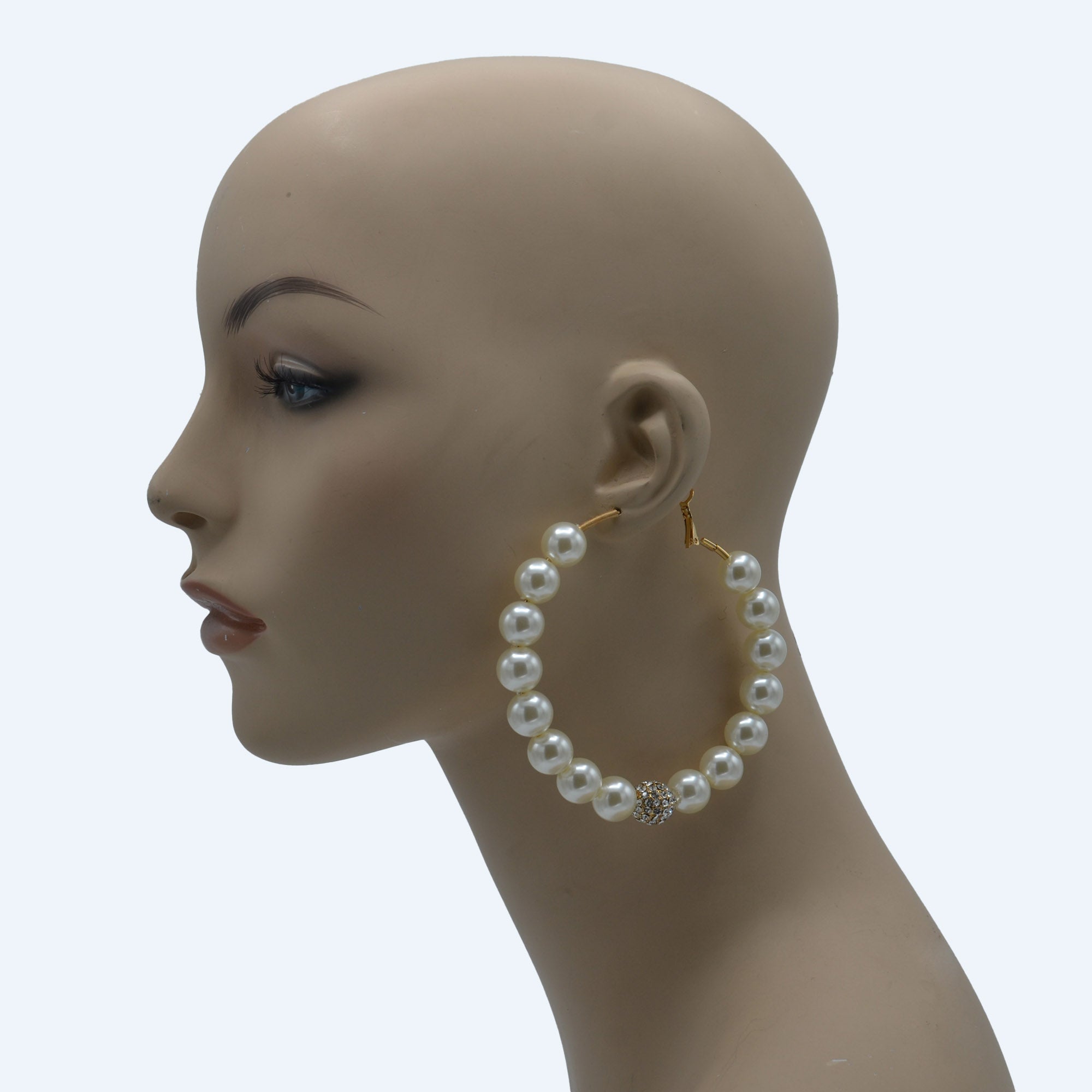 GOLD CREAM PEARL AND CRYSTAL PAVE BALL HOOP EARRINGS# HNE90689GD(IF23)