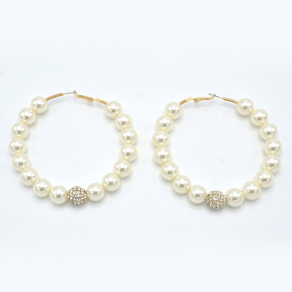 GOLD CREAM PEARL AND CRYSTAL PAVE BALL HOOP EARRINGS# HNE90689GD(IF23)