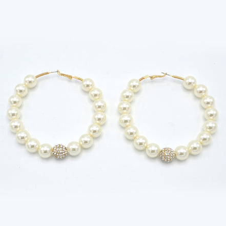 GOLD CREAM PEARL AND CRYSTAL PAVE BALL HOOP EARRINGS# HNE90689GD(IF23)