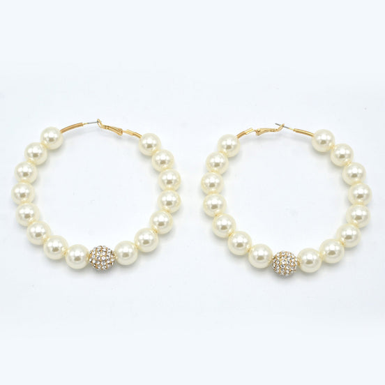 GOLD CREAM PEARL AND CRYSTAL PAVE BALL HOOP EARRINGS# HNE90689GD(IF23)