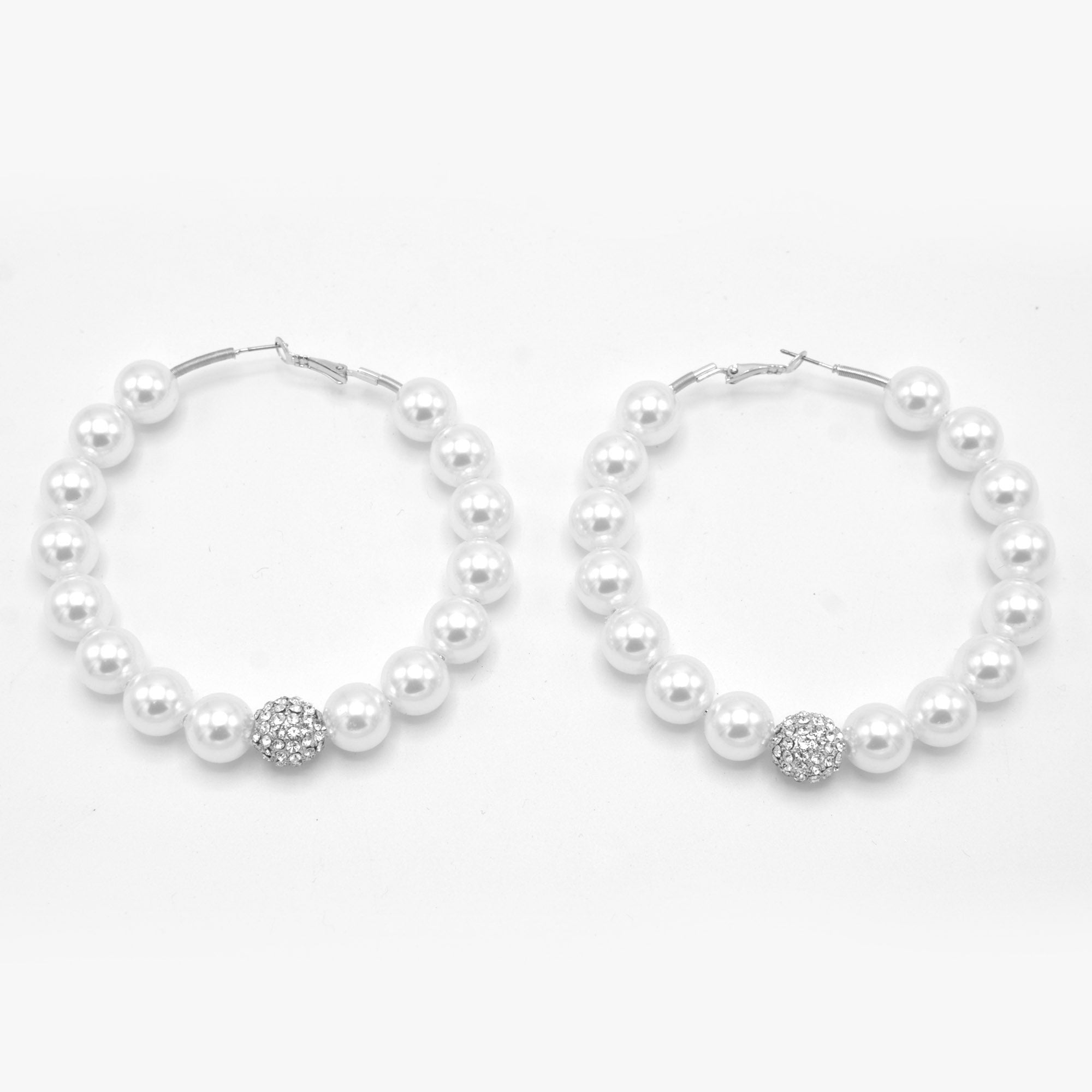 SILVER WHITE PEARL AND CRYSTAL PAVE BALL HOOP EARRINGS # HNE90689RD(IF24)