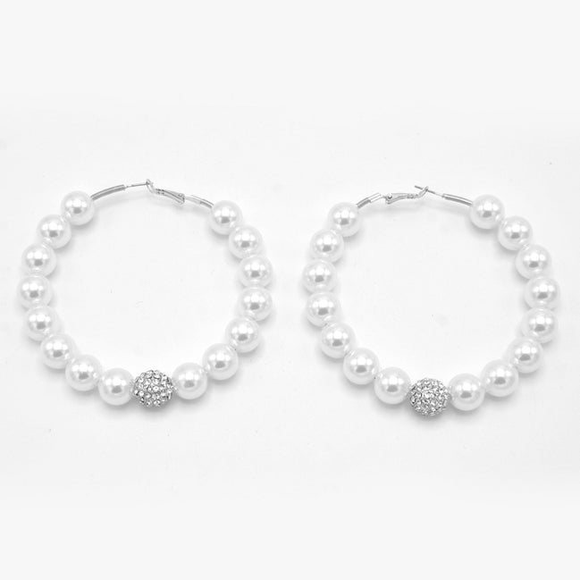 SILVER WHITE PEARL AND CRYSTAL PAVE BALL HOOP EARRINGS # HNE90689RD(IF24)