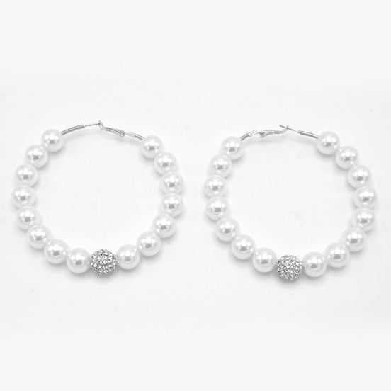 SILVER WHITE PEARL AND CRYSTAL PAVE BALL HOOP EARRINGS # HNE90689RD(IF24)