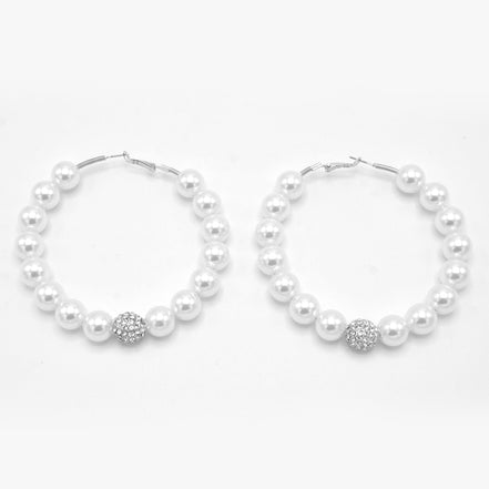 SILVER CREAM PEARL HOOP EARRINGS # HNE90690RDWH(RC11)