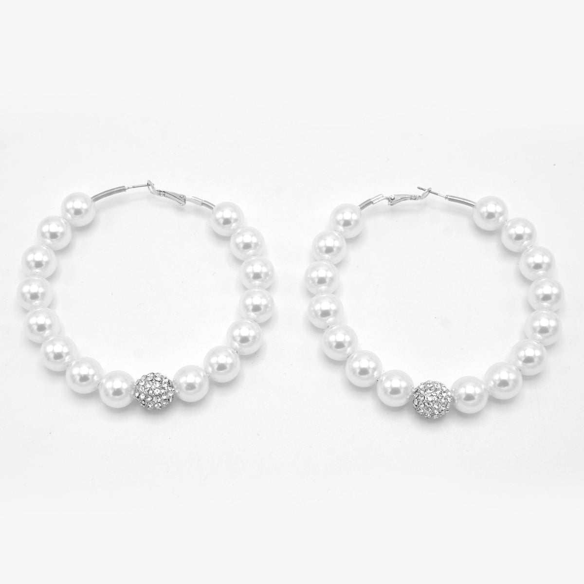 SILVER WHITE PEARL AND CRYSTAL PAVE BALL HOOP EARRINGS # HNE90689RD(IF24)