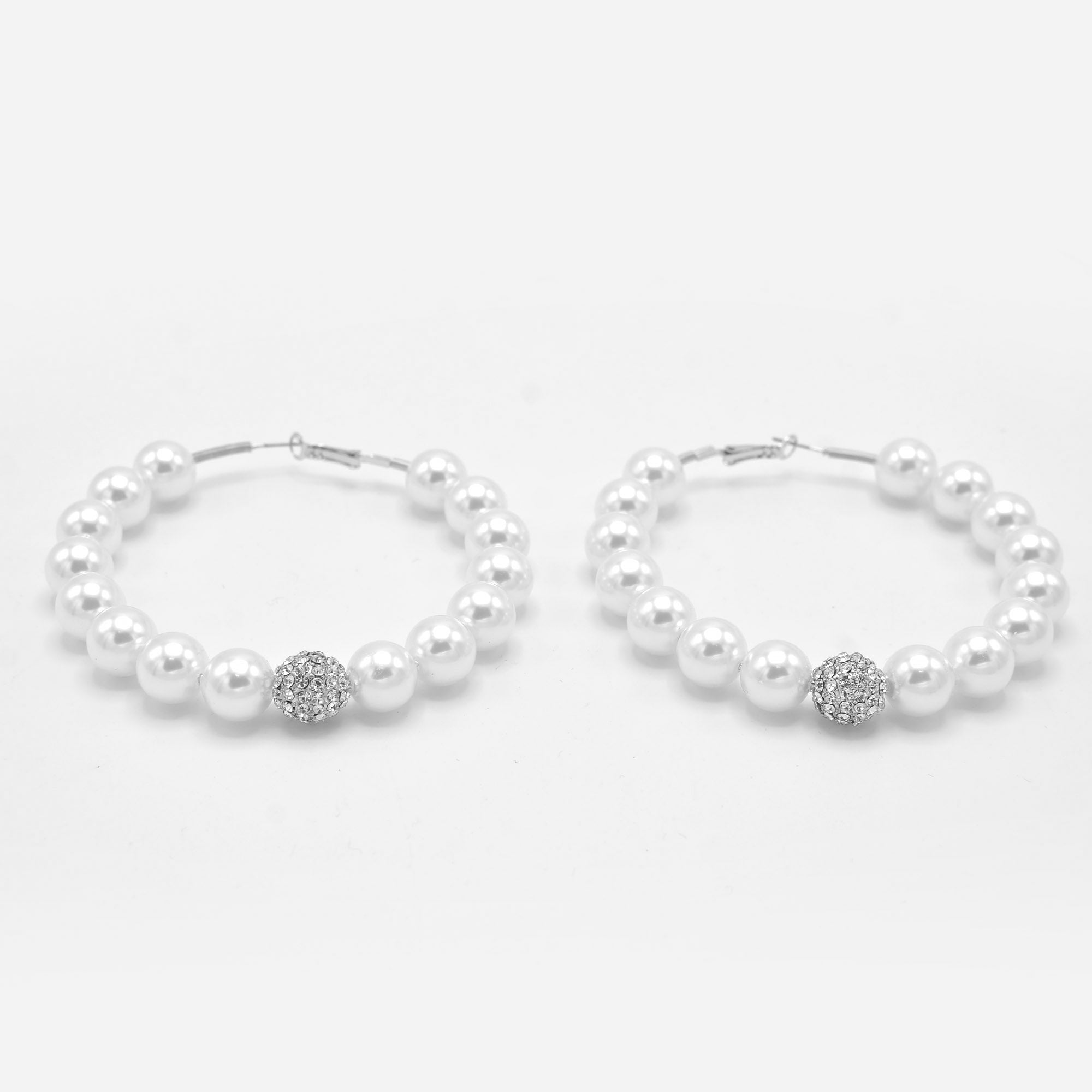 SILVER WHITE PEARL AND CRYSTAL PAVE BALL HOOP EARRINGS # HNE90689RD(IF24)