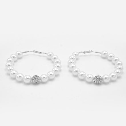 SILVER WHITE PEARL AND CRYSTAL PAVE BALL HOOP EARRINGS # HNE90689RD(IF24)