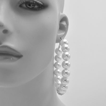 SILVER WHITE PEARL AND CRYSTAL PAVE BALL HOOP EARRINGS # HNE90689RD(IF24)
