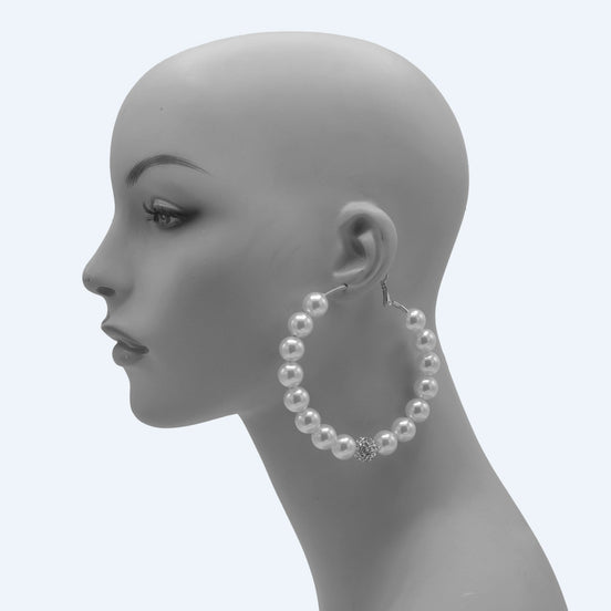 SILVER WHITE PEARL AND CRYSTAL PAVE BALL HOOP EARRINGS # HNE90689RD(IF24)