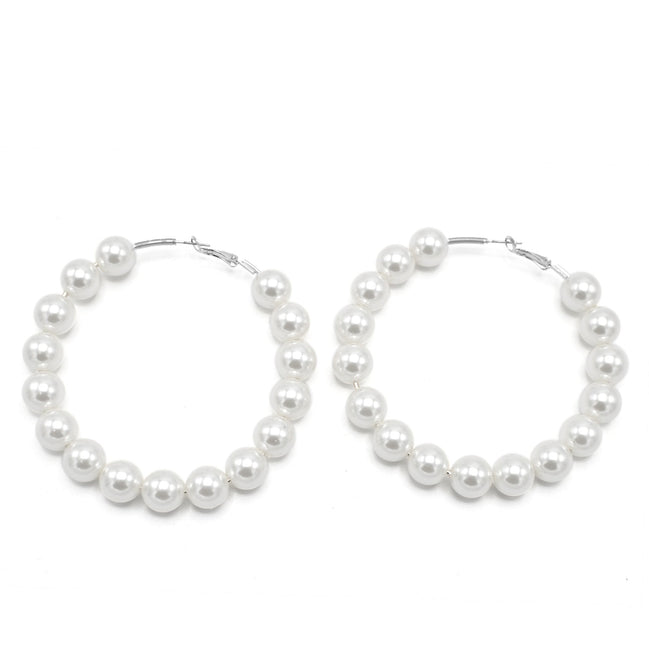 SILVER CREAM PEARL HOOP EARRINGS # HNE90690RDWH(RC11)