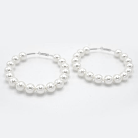 SILVER CREAM PEARL HOOP EARRINGS # HNE90690RDWH(RC11)