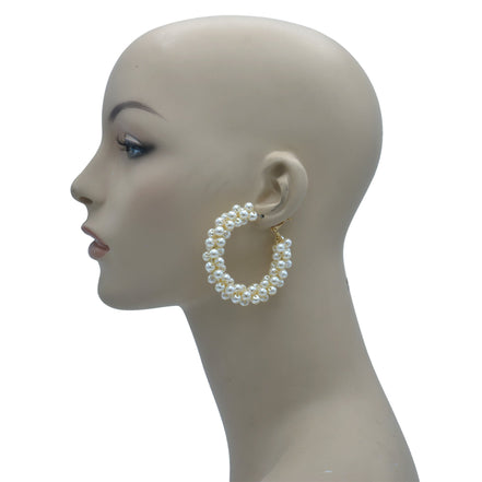 GOLD CREAM BIG PEARL WRAPPED HOOP EARRING# HNE90691GDCM(RD12)