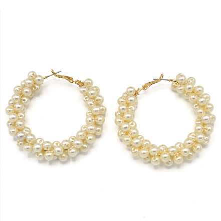 GOLD CREAM BIG PEARL WRAPPED HOOP EARRING# HNE90691GDCM(RD12)