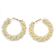 Tazza Women's Chunky Faux Pearl Hoop Earrings | Beaded Cluster Statement Hoops | Elegant Bridal & Evening Fashion Costume Jewelry# HNE90691GDCM(RD18)