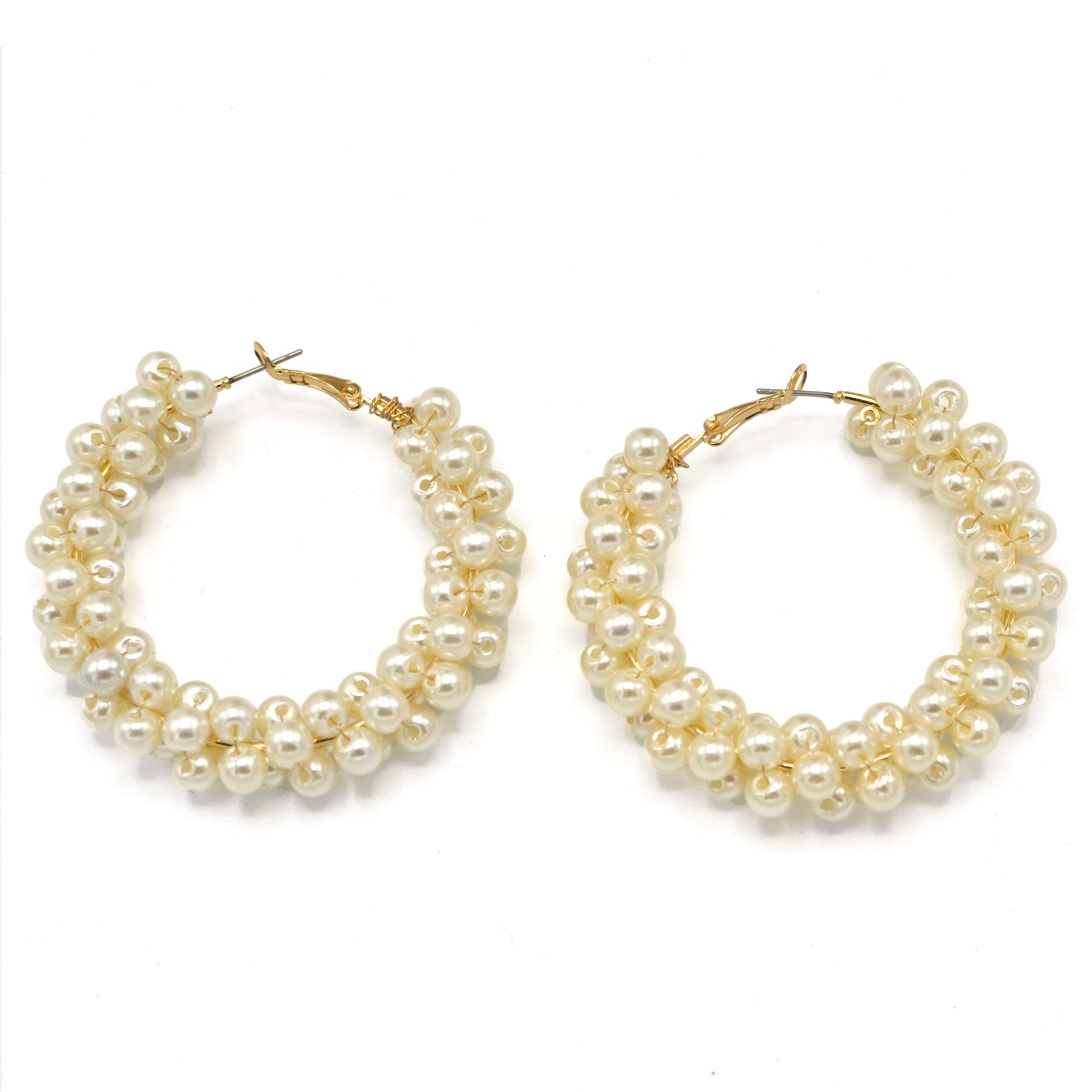 Tazza Women's Chunky Faux Pearl Hoop Earrings | Beaded Cluster Statement Hoops | Elegant Bridal & Evening Fashion Costume Jewelry# HNE90691GDCM(RD18)