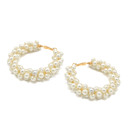 GOLD CREAM BIG PEARL WRAPPED HOOP EARRING# HNE90691GDCM(RD12)