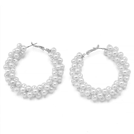 Tazza Women's Chunky White Faux Pearl Hoop Earrings | Silver-Tone Beaded Cluster Statement Hoops | Elegant Bridal & Evening Fashion Costume Jewelry # HNE90691RDWH(RD12)