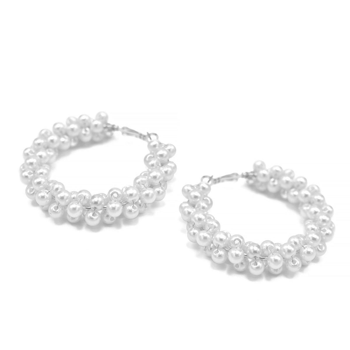 Tazza Women's Chunky White Faux Pearl Hoop Earrings | Silver-Tone Beaded Cluster Statement Hoops | Elegant Bridal & Evening Fashion Costume Jewelry # HNE90691RDWH(RD12)