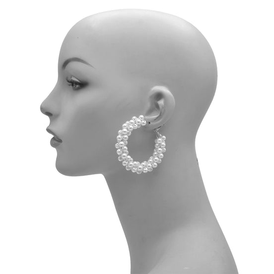 SILVER WHITE BIG PEARL WRAPPED HOOP EARRING # HNE90691RDWH(RD12)