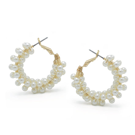 Gold Cream Pearl Wrapped Hoop Earrings # HNE90692GDCM