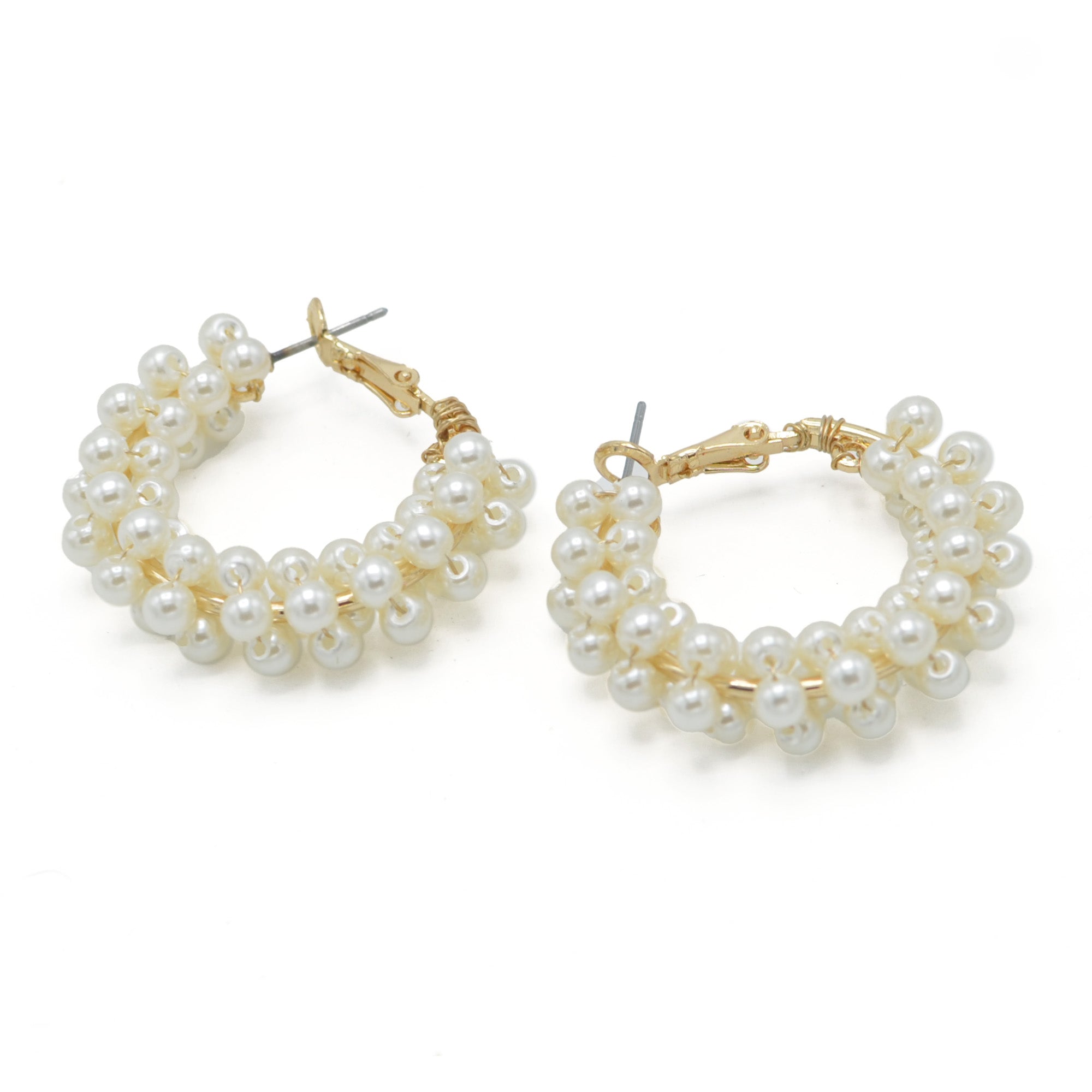 Gold Cream Pearl Wrapped Hoop Earrings # HNE90692GDCM