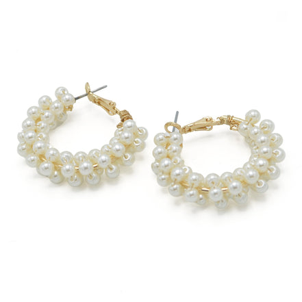Gold Cream Pearl Wrapped Hoop Earrings # HNE90692GDCM
