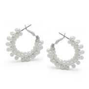 Rhodium white Pearl Wrapped Hoop Earrings # HNE90692RDWH(IE10)