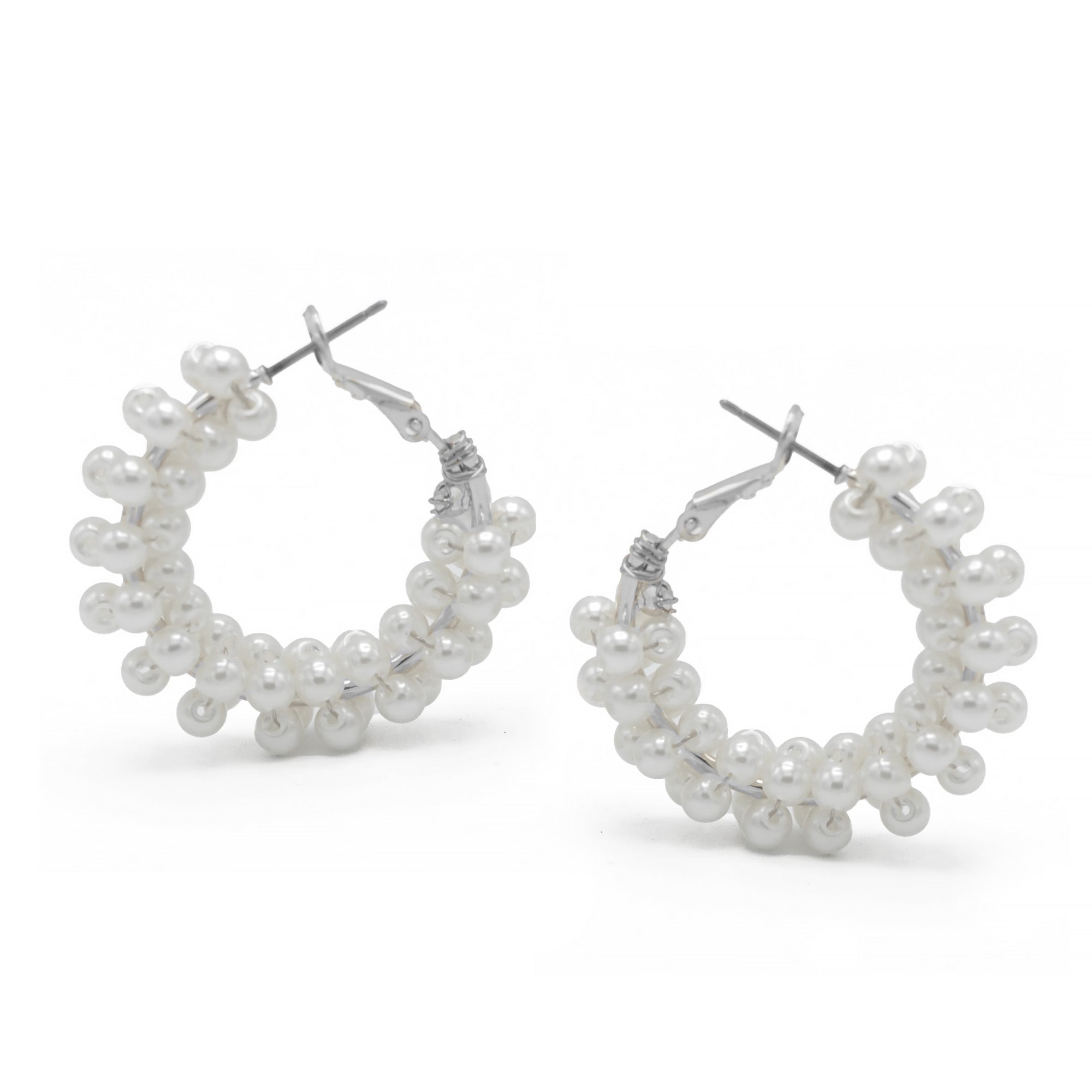 Rhodium white Pearl Wrapped Hoop Earrings # HNE90692RDWH(IE10)