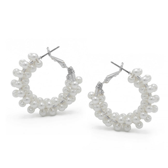 Rhodium white Pearl Wrapped Hoop Earrings # HNE90692RDWH(IE10)