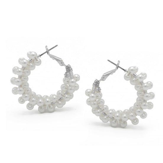 Rhodium white Pearl Wrapped Hoop Earrings # HNE90692RDWH(IE10)