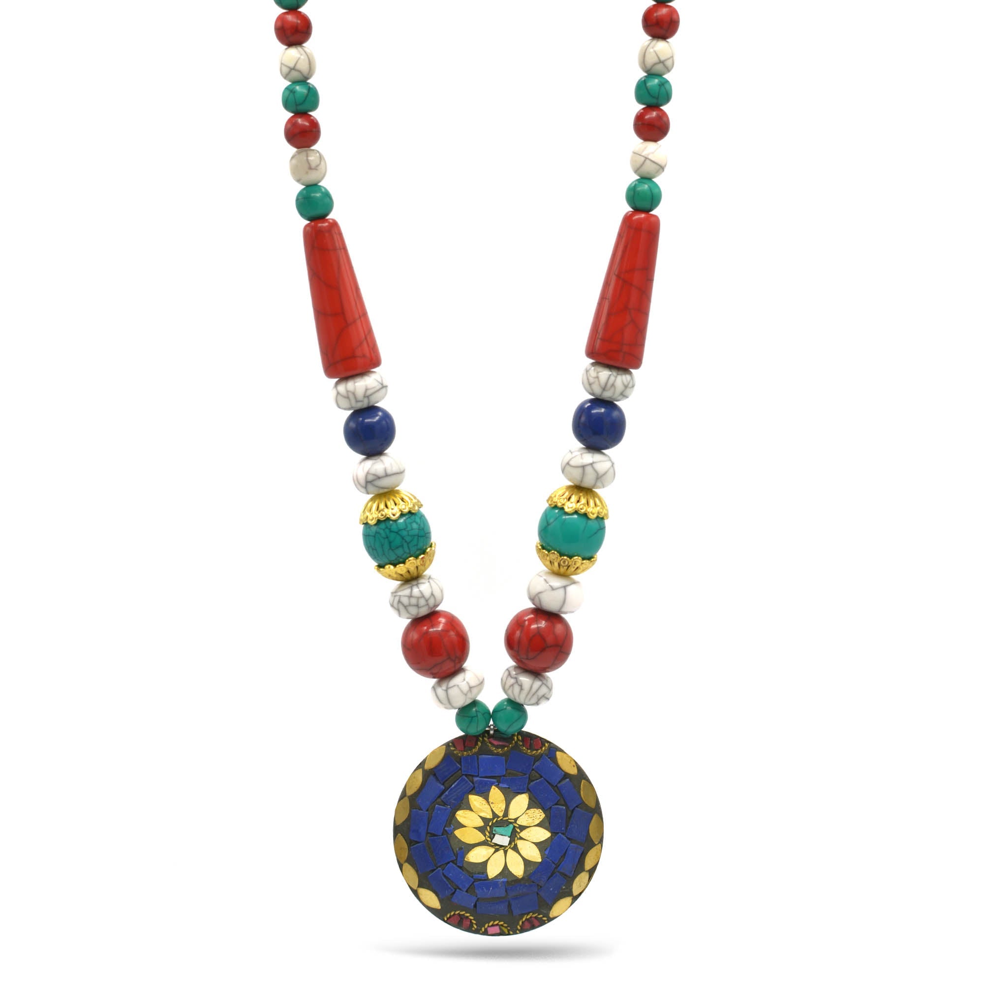 MULTI-COLOR BEAD GOLD ROUND PENDANT NECKLACE#FWNK-2109-72